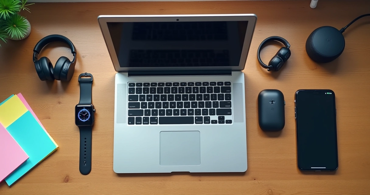 Mesa de madeira com gadgets eletrônicos, fones e notebook 