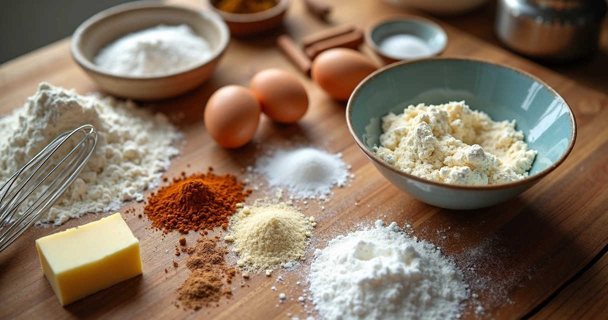 Mesa de madeira com ingredientes para doces, bolos e salgados organizados para cálculo do tempo de cocção 
