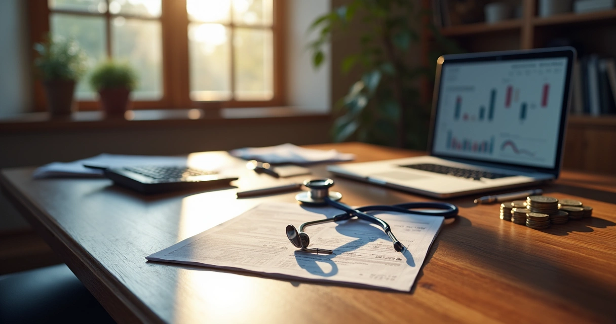 Mesa com elementos de investimento financeiro, papéis e computador 