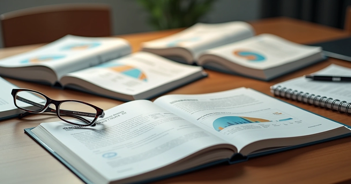 Mesa de madeira com livros abertos sobre gestão e marketing para clínicas, ambiente iluminado e organizado 