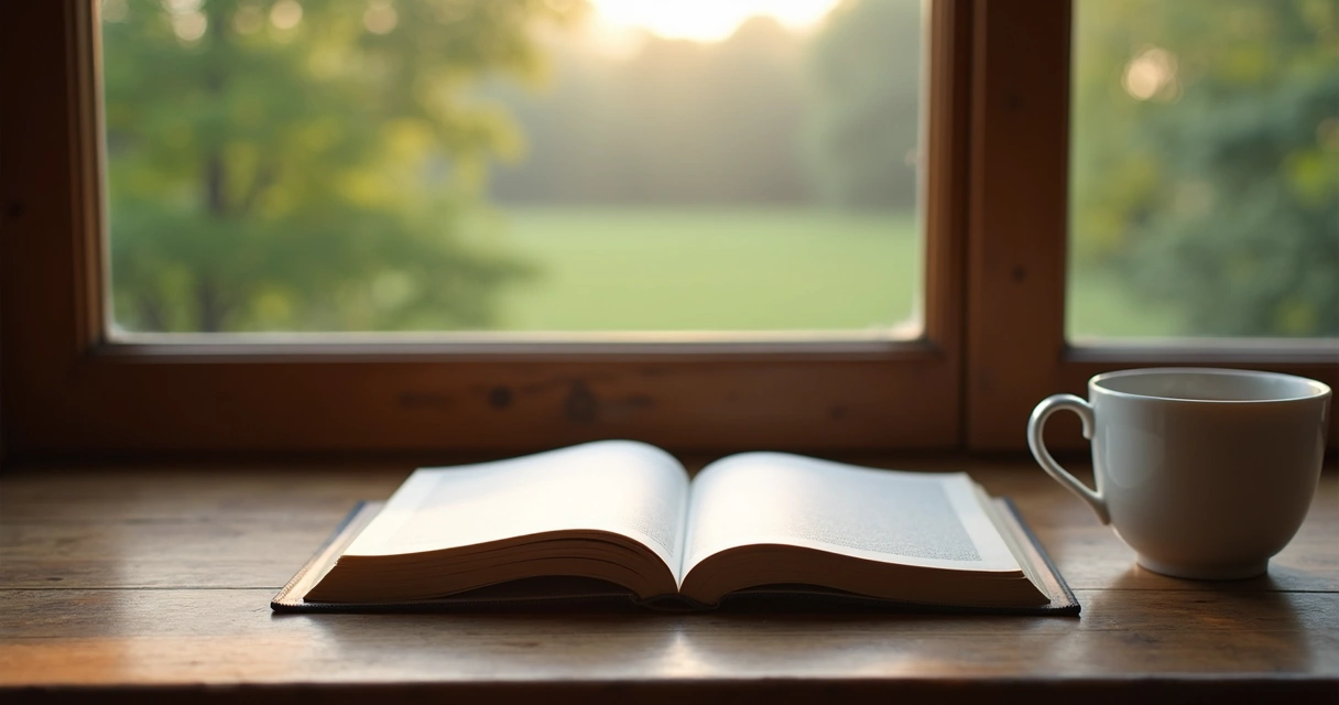 Mesa de madeira com livros fechados e xícara de chá ao lado de janela, luz suave 