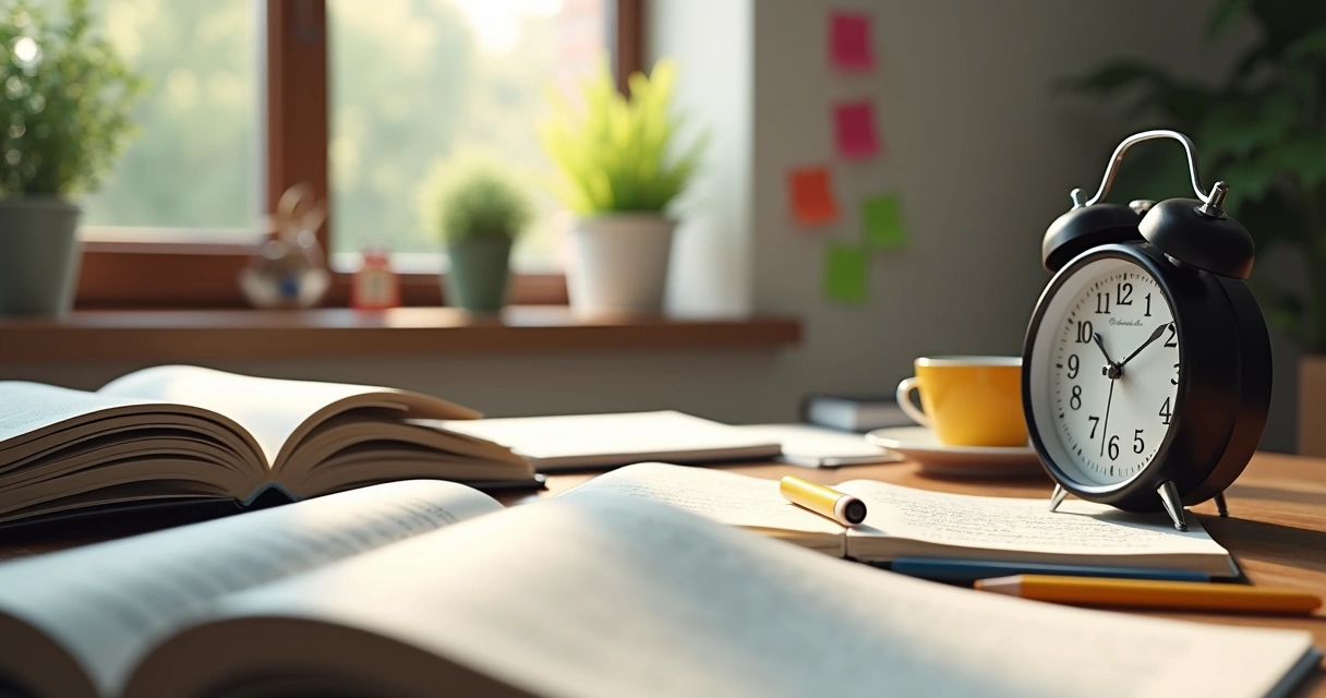 Mesa organizada com materiais de estudo e relógio do lado.