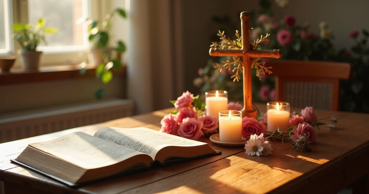 Mesa com objetos cristãos e velas acesas em homenagem 