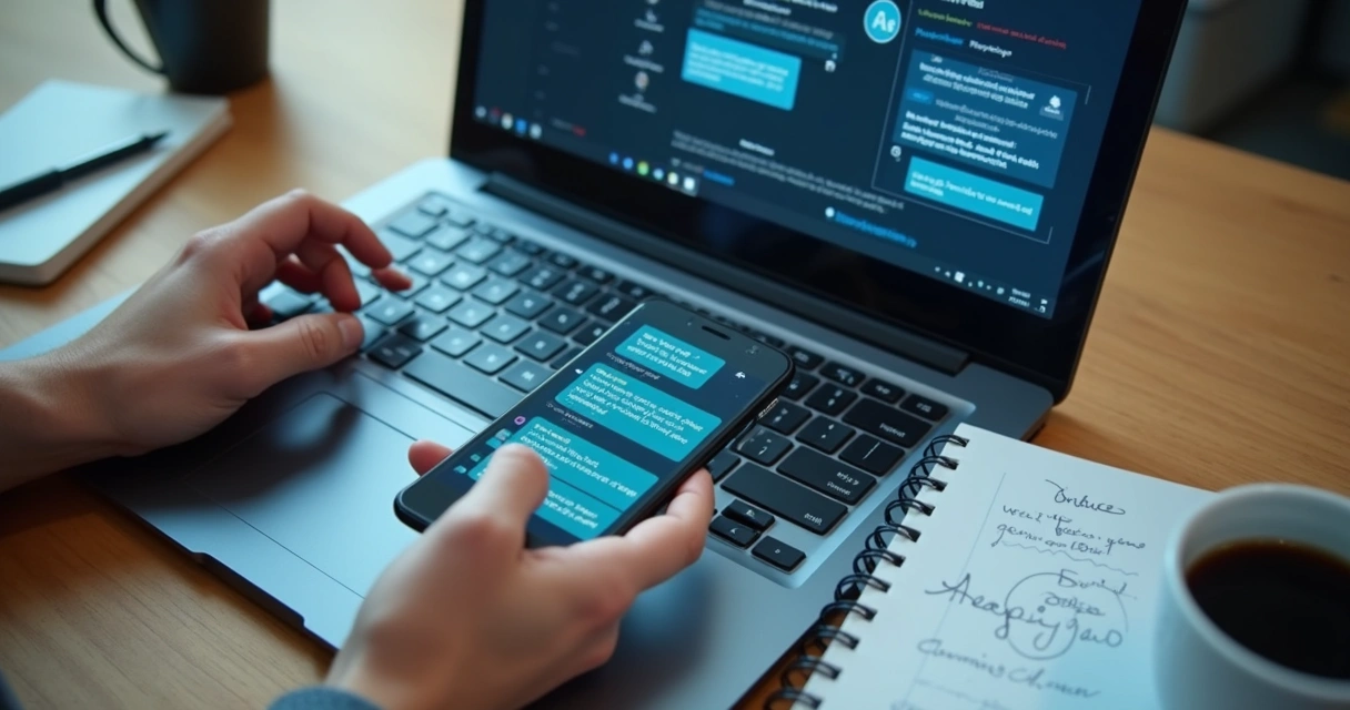 Mesa com celular, notebook e várias notificações na tela 