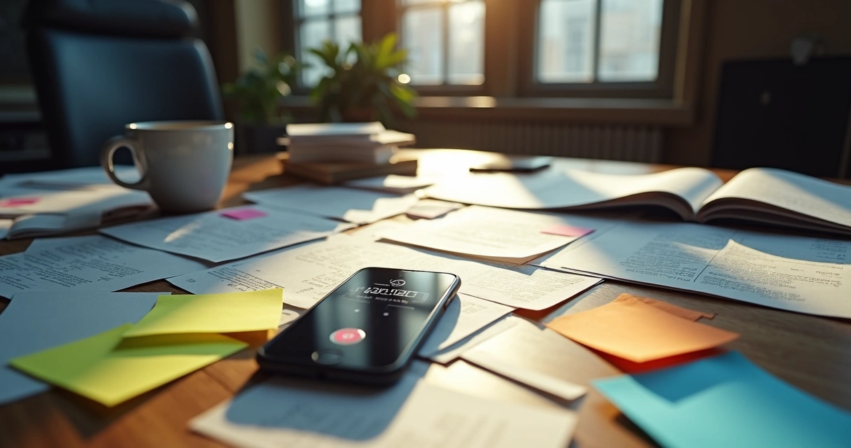Mesa com vários papéis bagunçados, um celular apitando notificações e xícara de café ao lado 