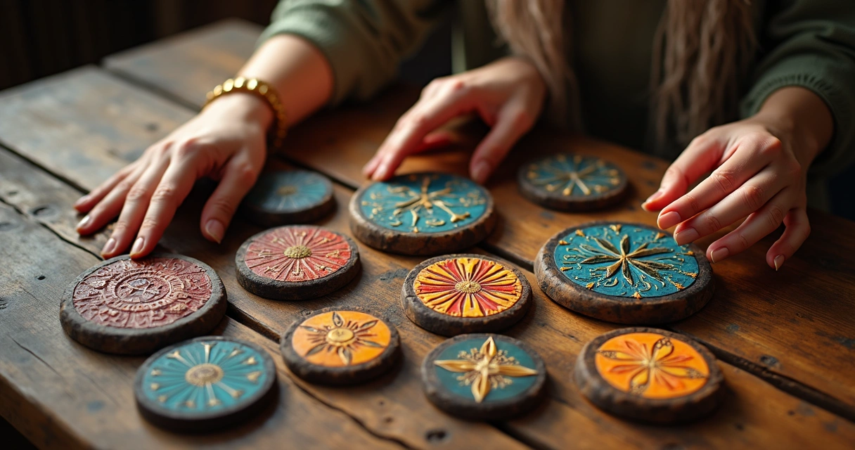 Mesa de madeira com diversas runas ciganas espalhadas e mãos femininas próximas às runas. 