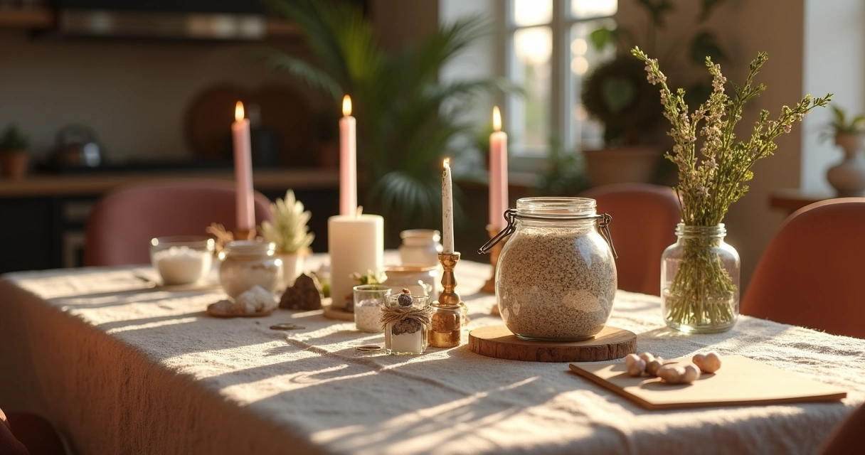 Mesa de casa com velas, ervas secas, pote de arroz e objetos de simpatias 