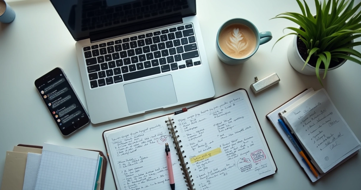 Mesa com agenda, celular, notebook e anotações espalhadas