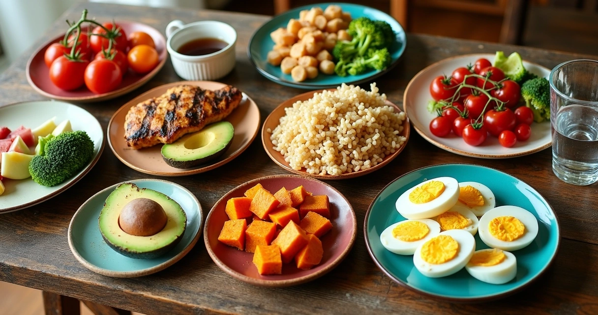 Mesa com variedade de alimentos saudáveis em pratos pequenos 