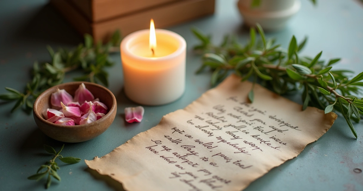 Mesa com vela acesa, ervas e carta de papel. 