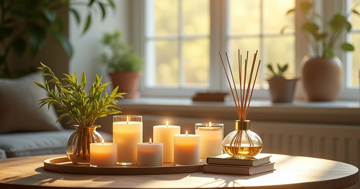 Mesa decorada com velas, difusores e plantas naturais 
