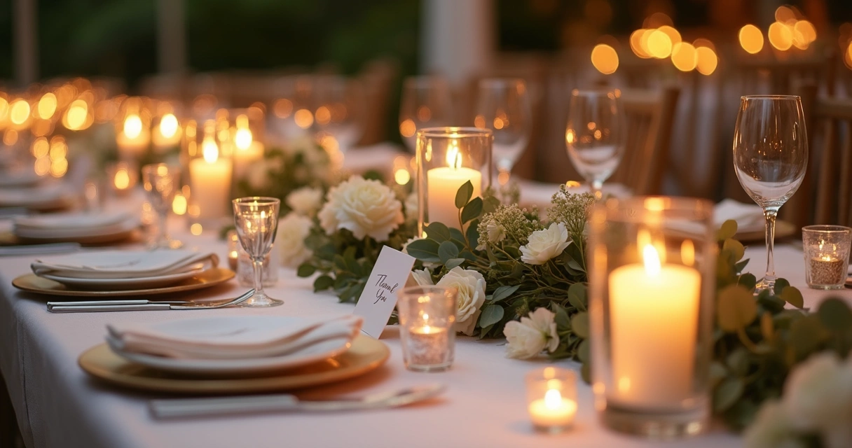 Mesa decorada com velas aromáticas em evento especial 