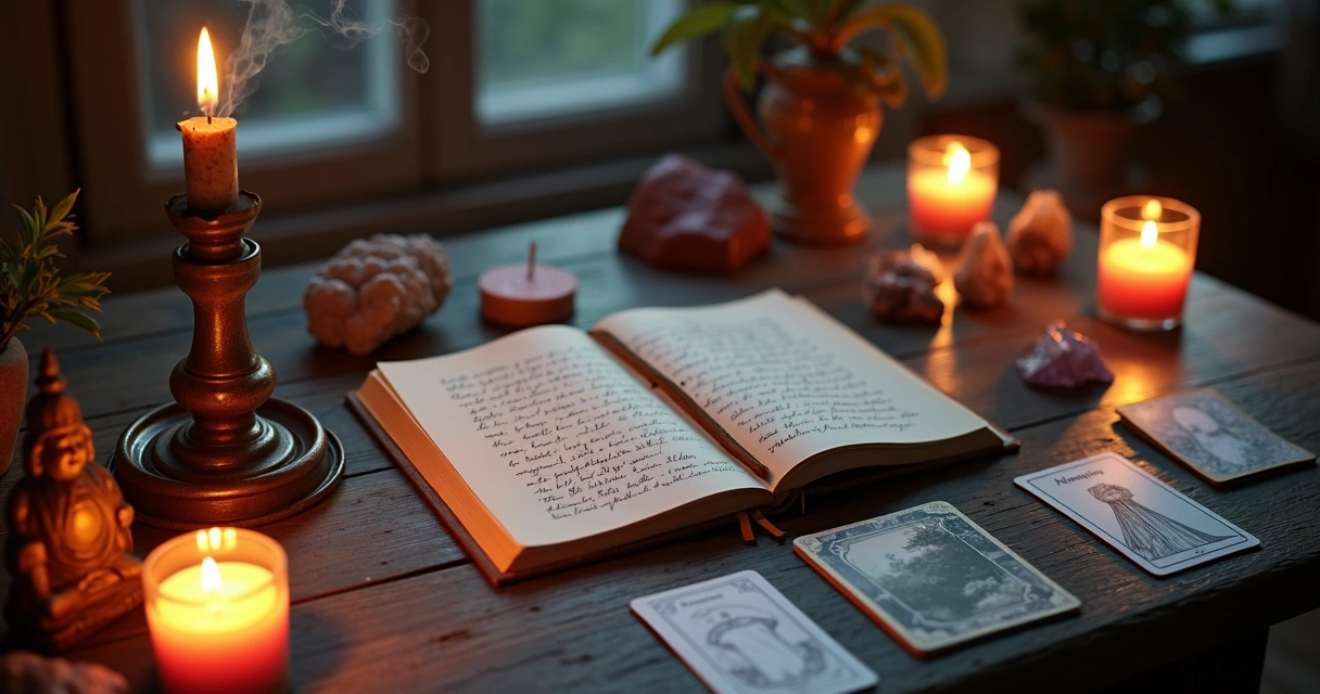 Mesa de autoconhecimento com velas incenso cartas baralho caderno 