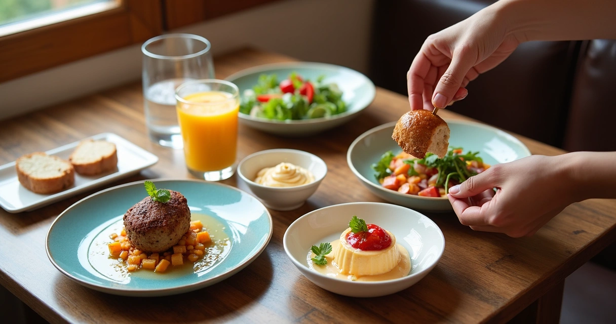 Mesa de restaurante com combo e sobremesa sendo servidos 