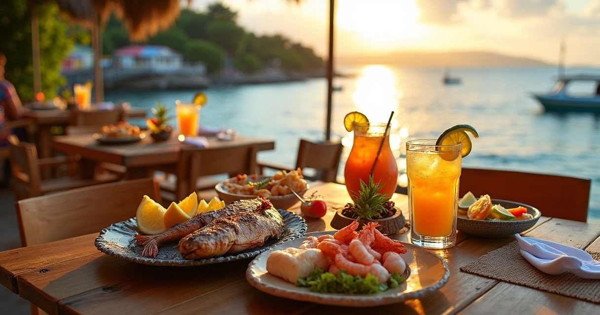 Mesa com frutos do mar e vista da Barra da Lagoa ao entardecer 