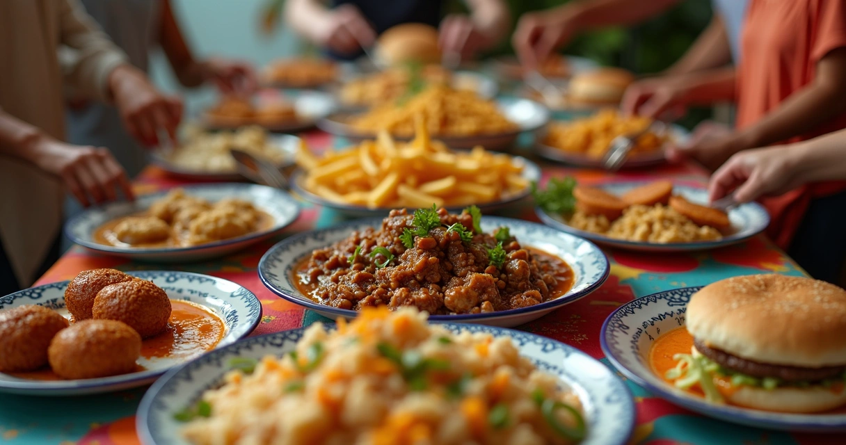 Mesa com comidas típicas brasileiras e americanas lado a lado 