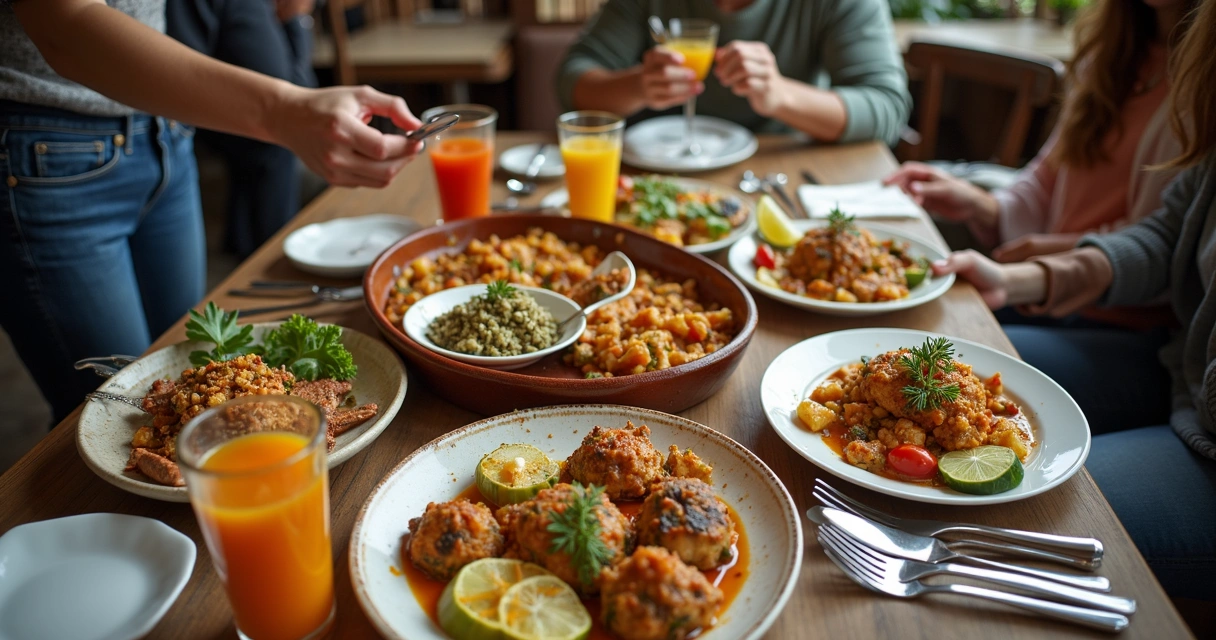 Mesa de restaurante com pratos coloridos de comida regional e pessoas servindo 