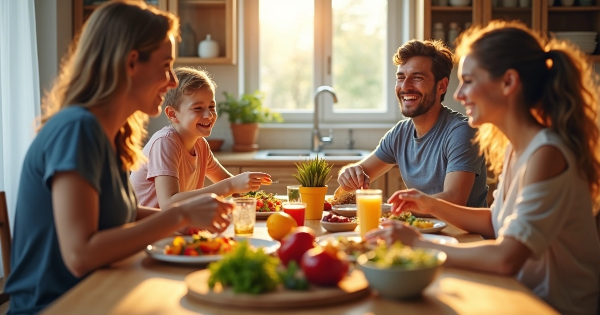 Mesa de comedor con familia compartiendo comida saludable y agradable 