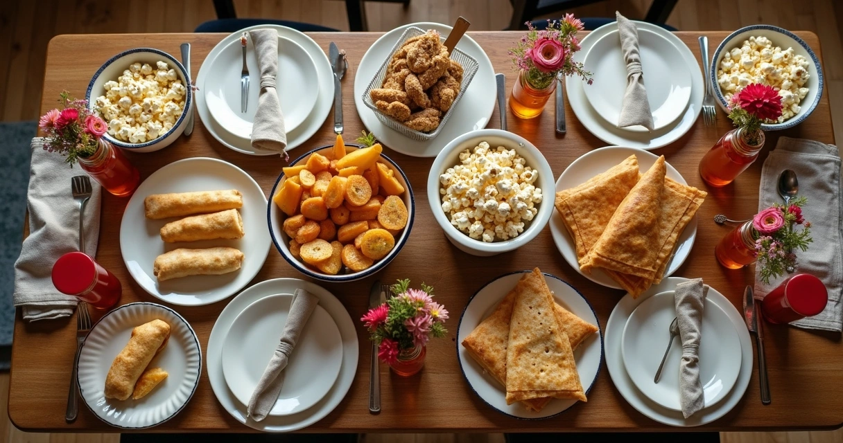 Mesa de festa com lanches simples e crepes salgados e doces 