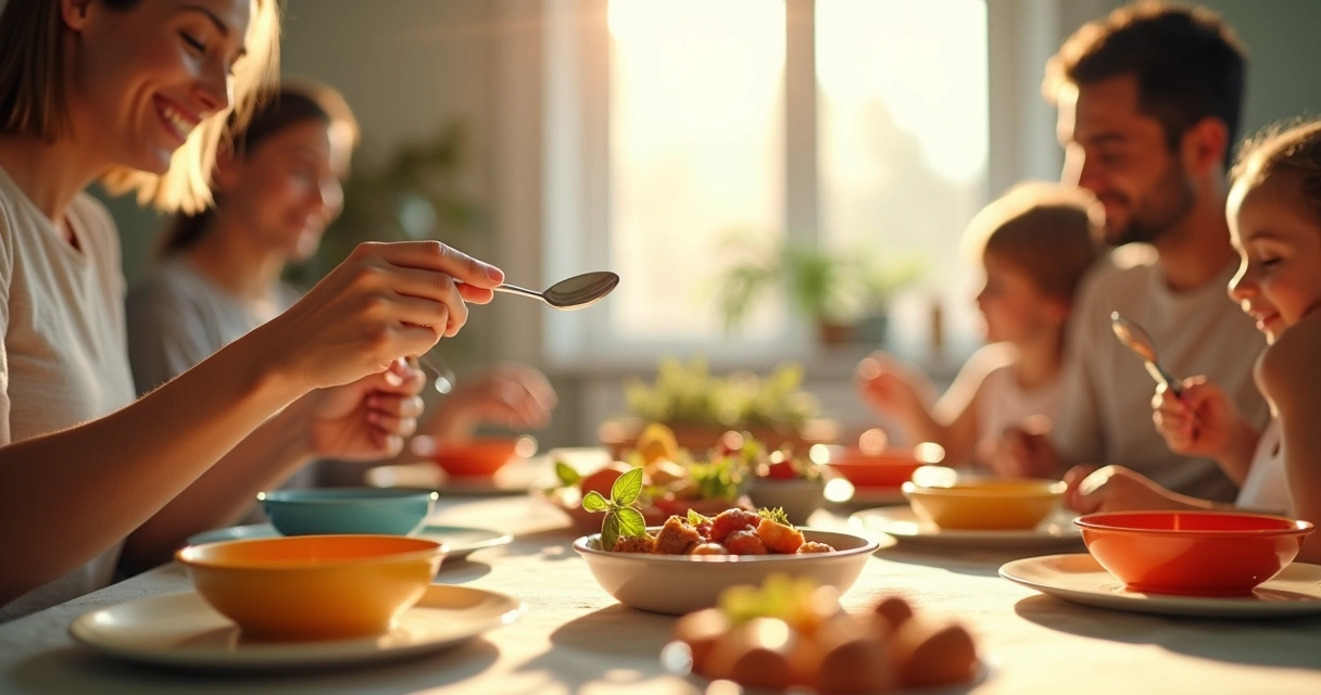 Mesa de comedor en hogar con familia compartiendo comida 