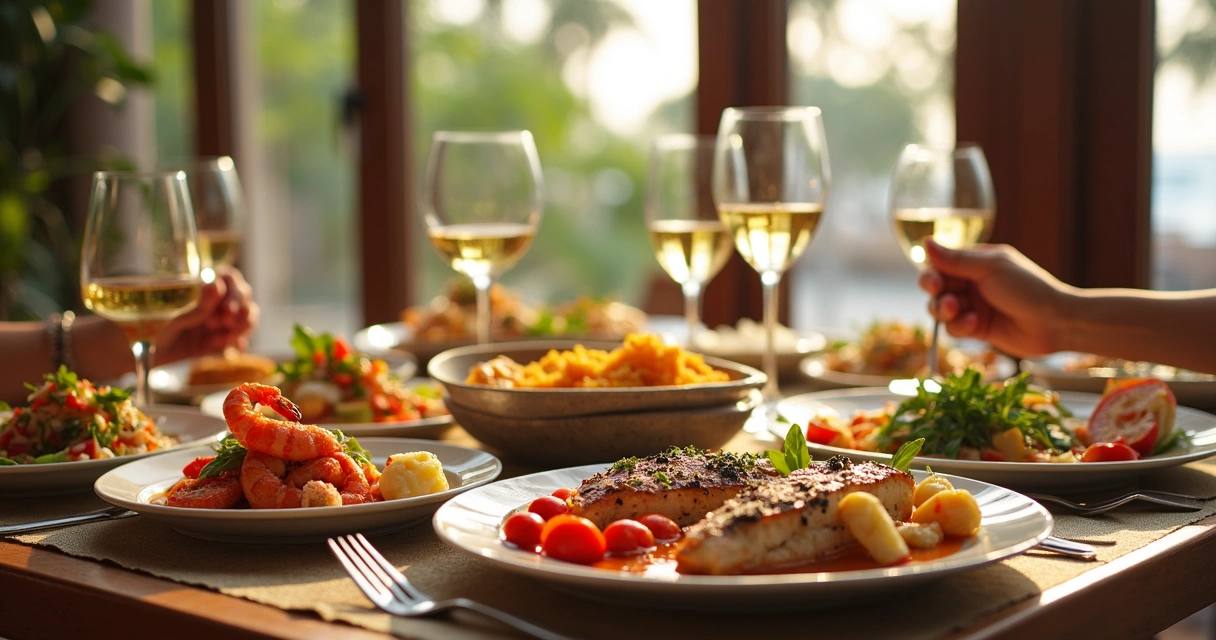 Mesa posta com comida típica de Jurerê, incluindo frutos do mar e pratos regionais 