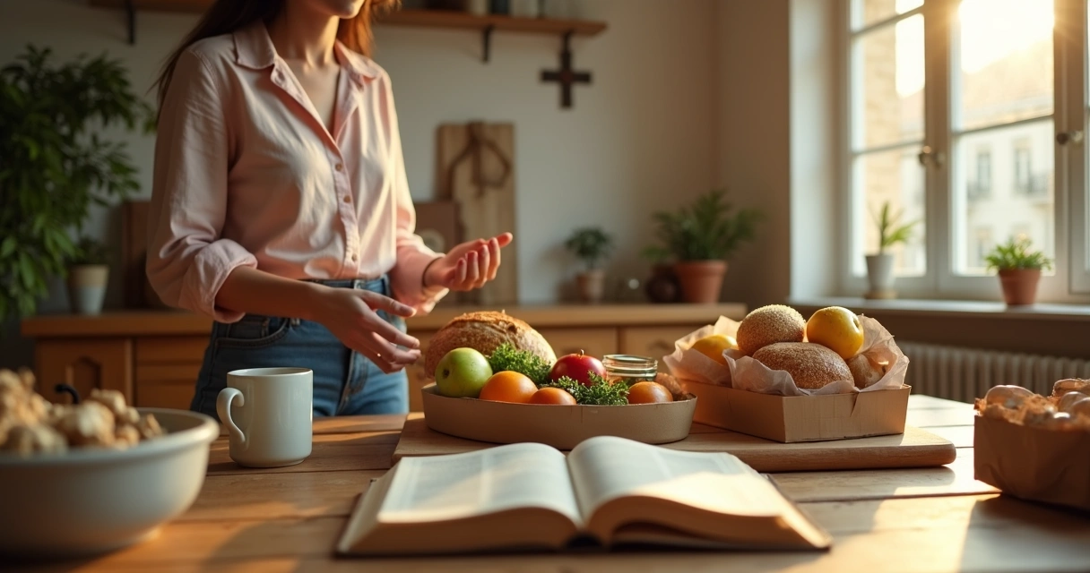 Mulher cristã organizando alimentos para doação sobre a mesa com uma Bíblia aberta ao lado 