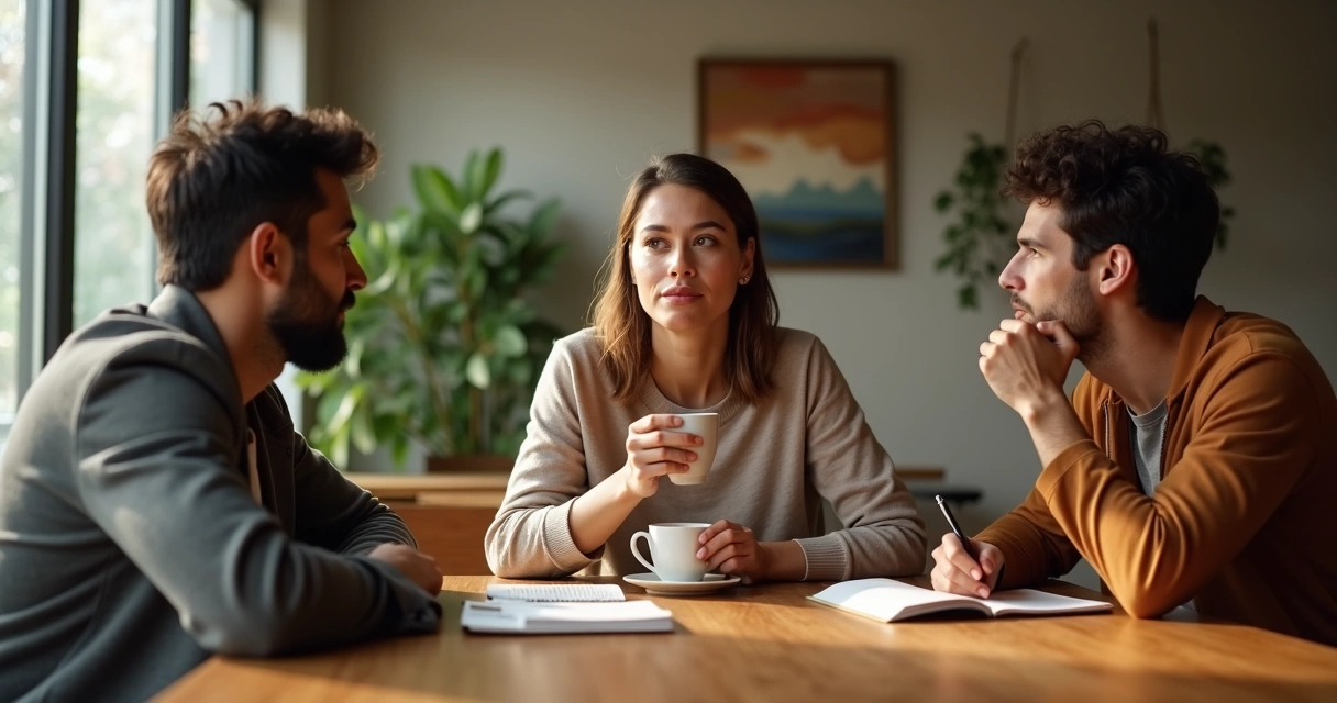 Três pessoas sentadas à mesa compartilhando vulnerabilidades em conversa íntima 
