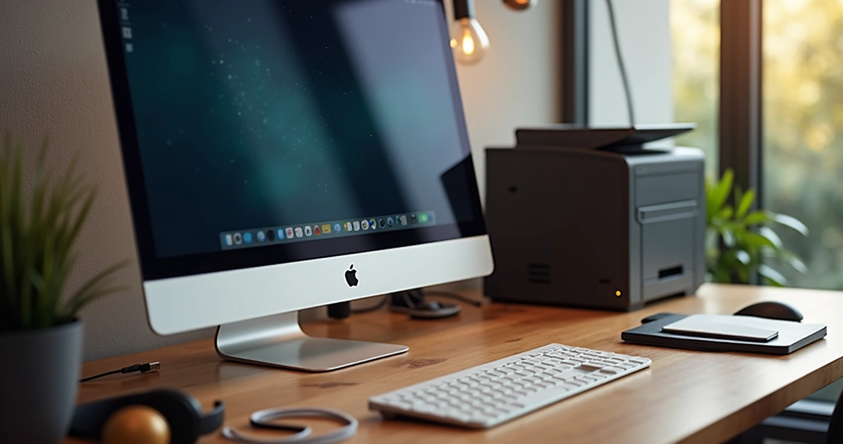 Mesa com computador, monitor, teclado, mouse, impressora e periféricos 