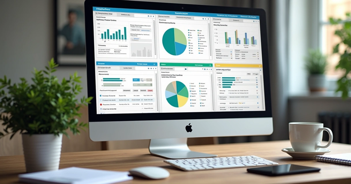 Mesa de trabalho com computador e ferramentas digitais abertas na tela 