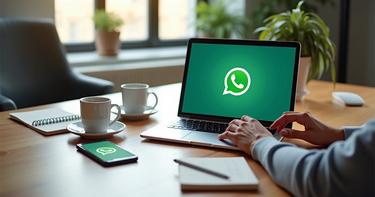 Pessoa utilizando o WhatsApp Web no notebook em mesa de escritório 