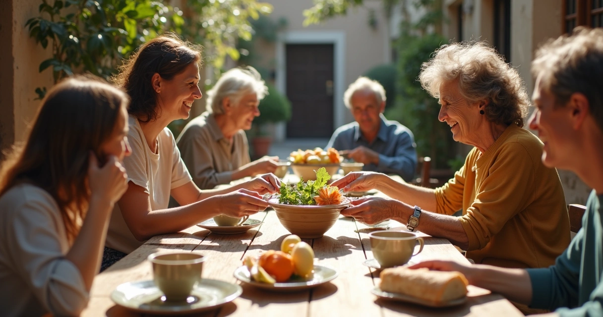 Mesa comunitaria con personas compartiendo alimentos