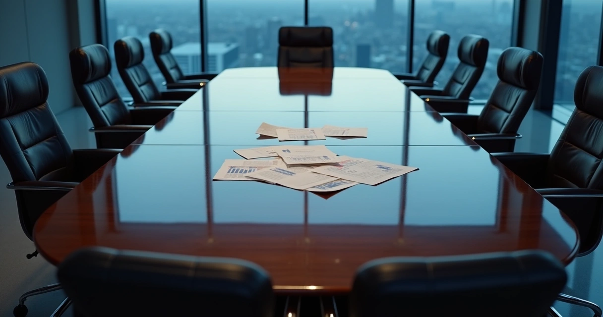 Mesa de conselho vista de cima com reflexos distorcidos nas sombras das cadeiras 
