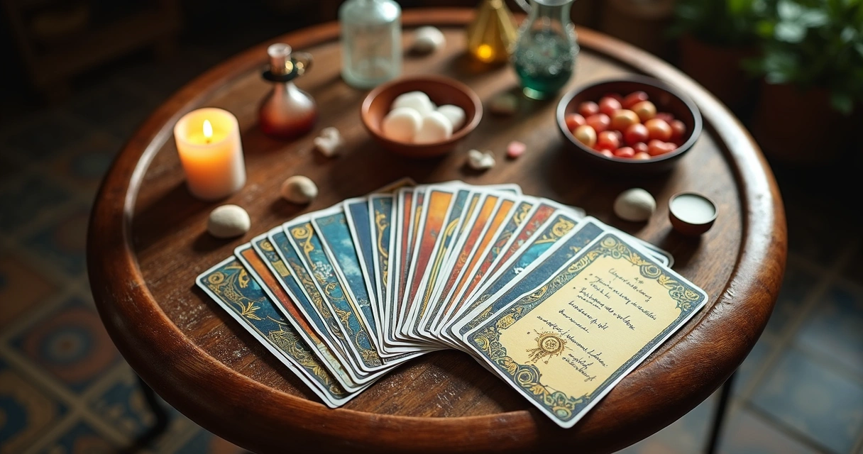 Mesa com diferentes oráculos, como tarot, runas e búzios 
