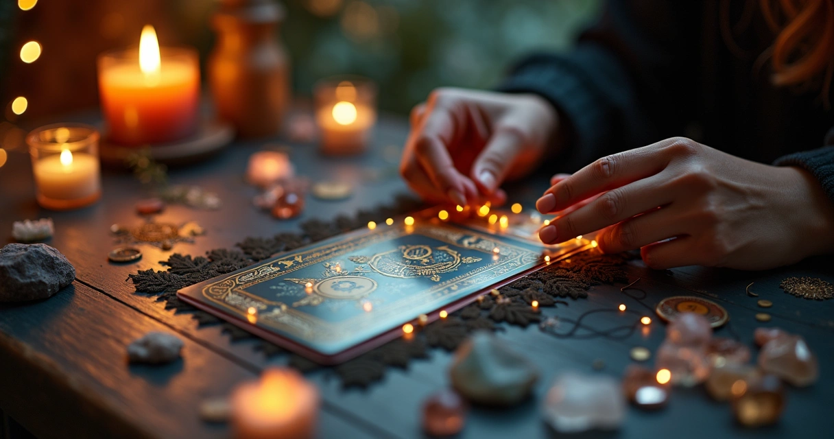 Mesa digital com cartas de tarô, cristais e mãos femininas durante uma consulta virtual 