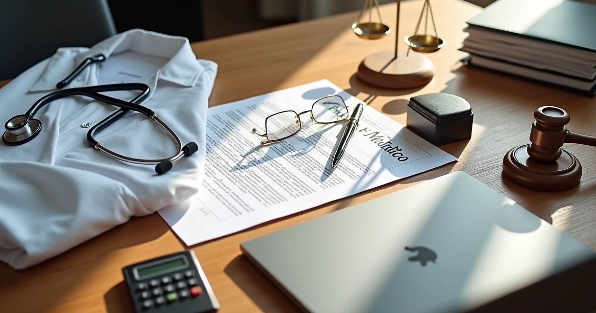 Mesa de consultoria com papeis de seguro médico, símbolo de justiça e proteção financeira 