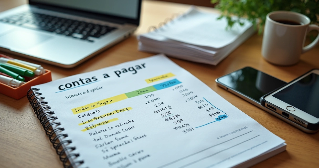 Mesa organizada com contas a pagar destacadas e calendário de vencimentos 