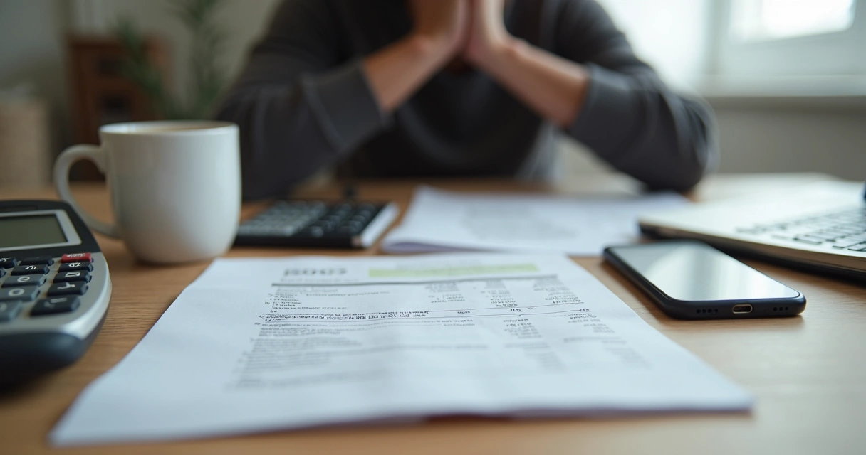 Mesa com contas, calculadora e mãos apoiadas na cabeça