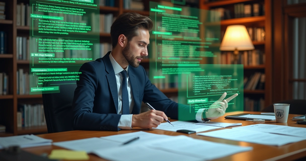 Advogado revisando documentos jurídicos com interface digital de inteligência artificial 