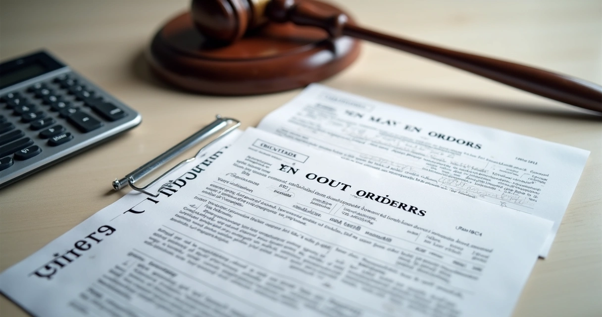 Mesa de escritório com contratos, calculadora e títulos de precatórios 