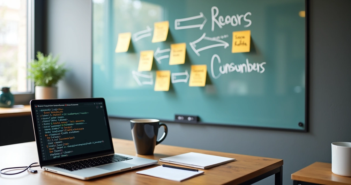 Mesa com diagrama de contratos, CI/CD e Kafka 