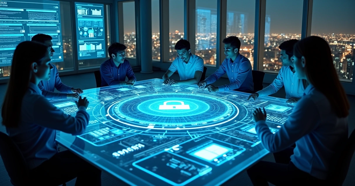 Equipe de TI em torno de mesa holográfica com camadas de acesso à informação 