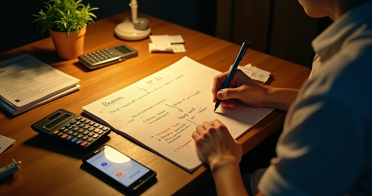 Dono de pequena empresa organizando finanças com papéis e cartões na mesa 
