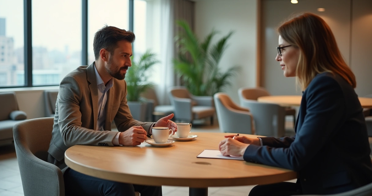 Dois profissionais conversam em mesa redonda com gesto de vulnerabilidade e escuta atenta 