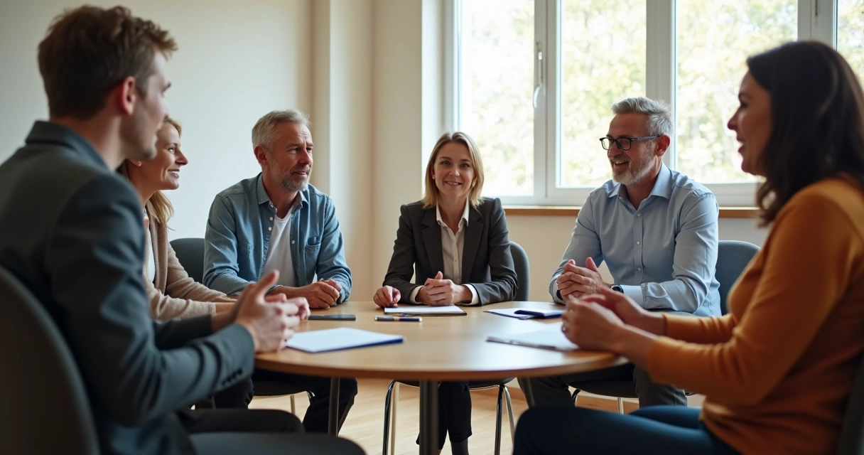 Grupo de personas de diferentes edades dialogando sobre política en círculo. 