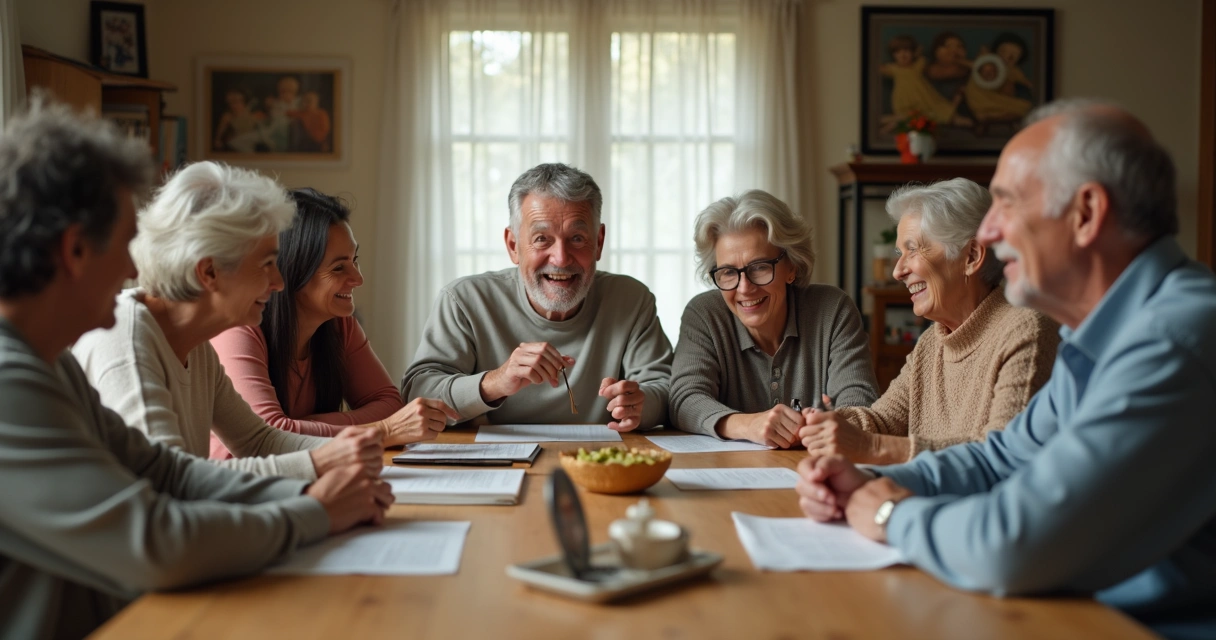 Família de várias gerações sentada à mesa conversando 