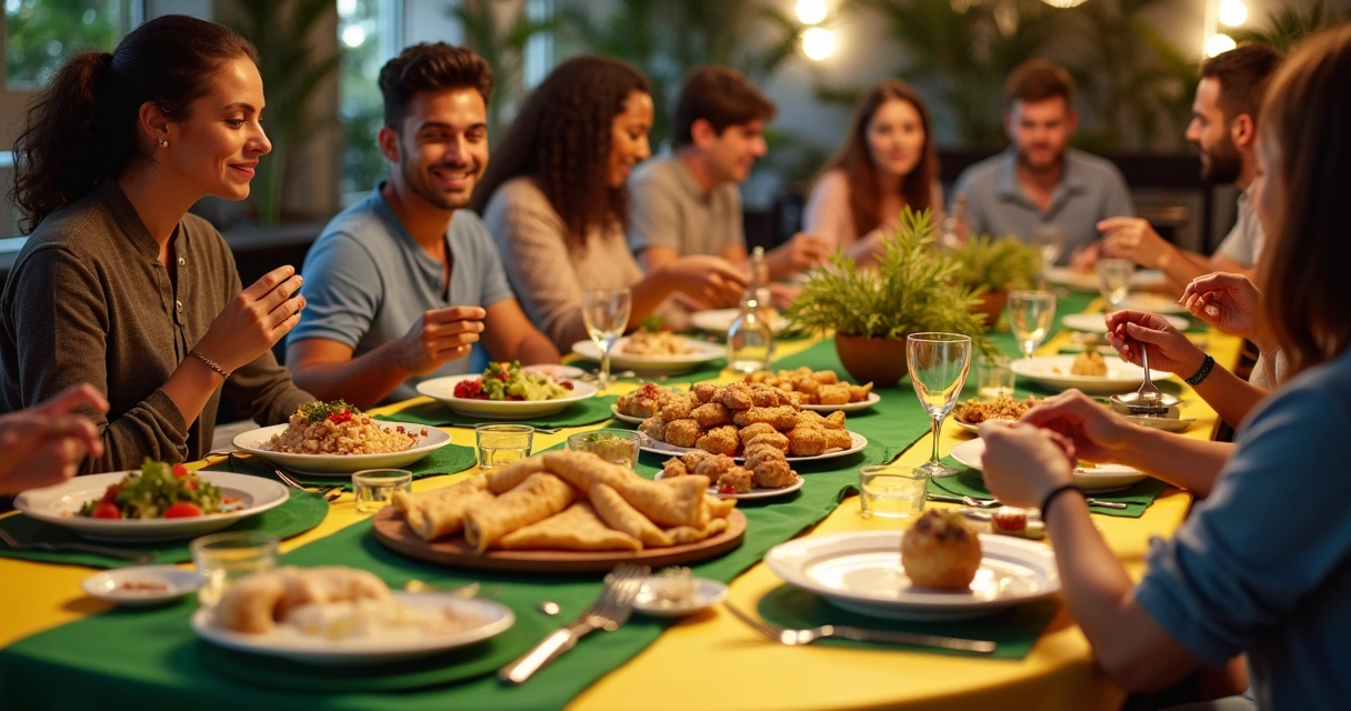 Convidados em mesa de festa com diferentes opções alimentares 