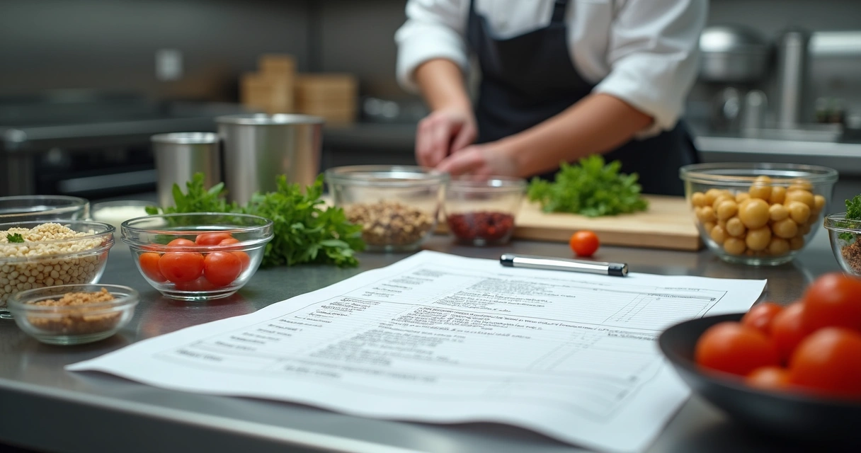 Mesa de cozinha profissional com fichas técnicas e ingredientes organizados 