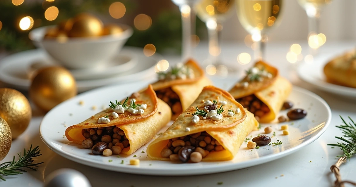 Prato com crepes de entrada para ceia de Réveillon 