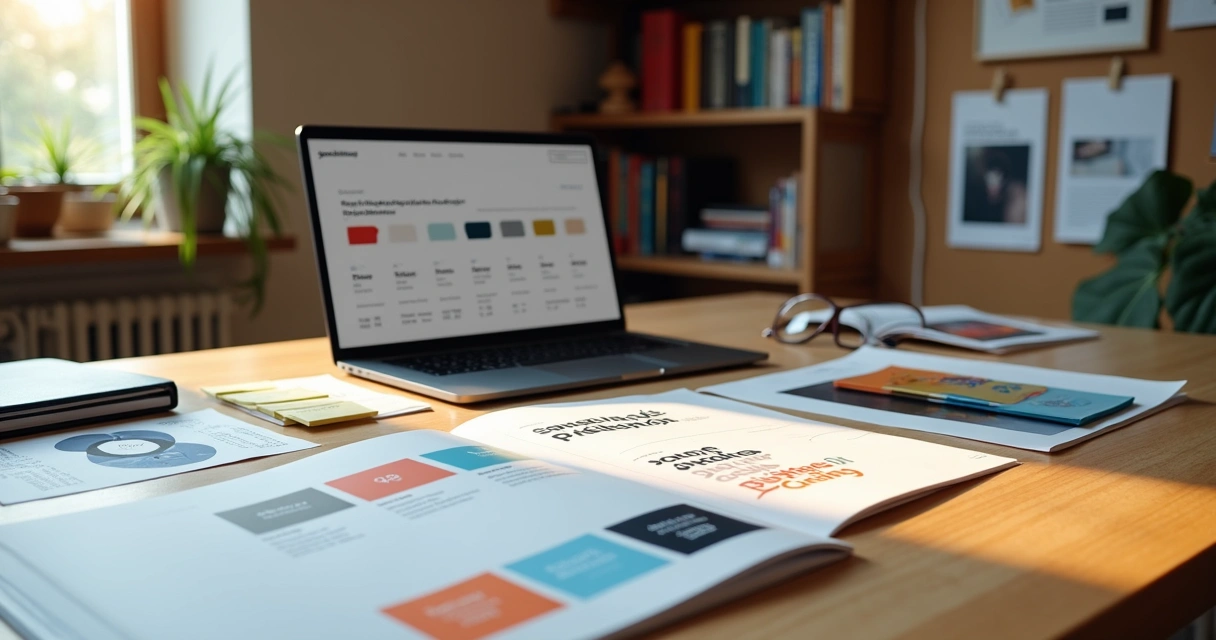 Mesa de trabalho com manual de marca aberto e elementos de branding organizados 