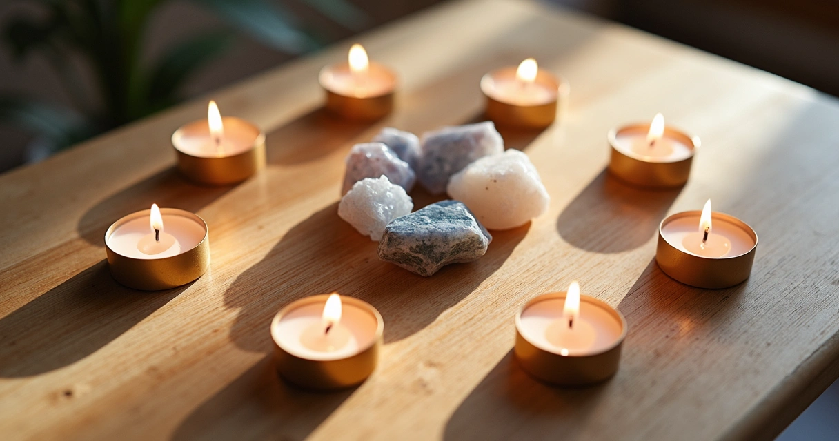 Cristais e velas organizados em círculo sobre uma mesa de madeira clara 